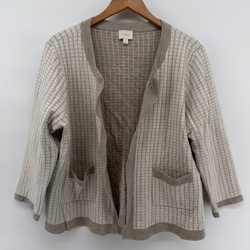 Cyrus Womens XL Beige Windowpane Grid Open Front Cardigan Sweater Cozy Soft